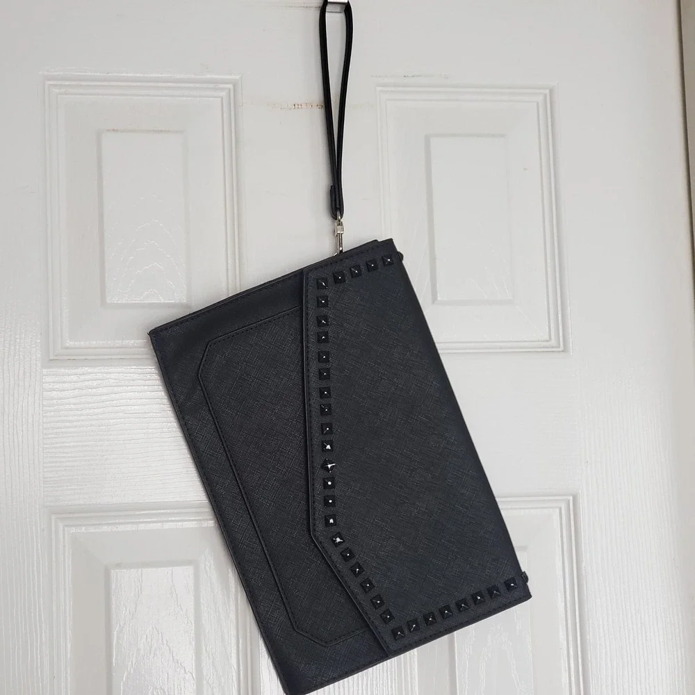 Steve Madden‎ Black Studded Envelope Clutch Crossbody Bag Saffiano Handbag